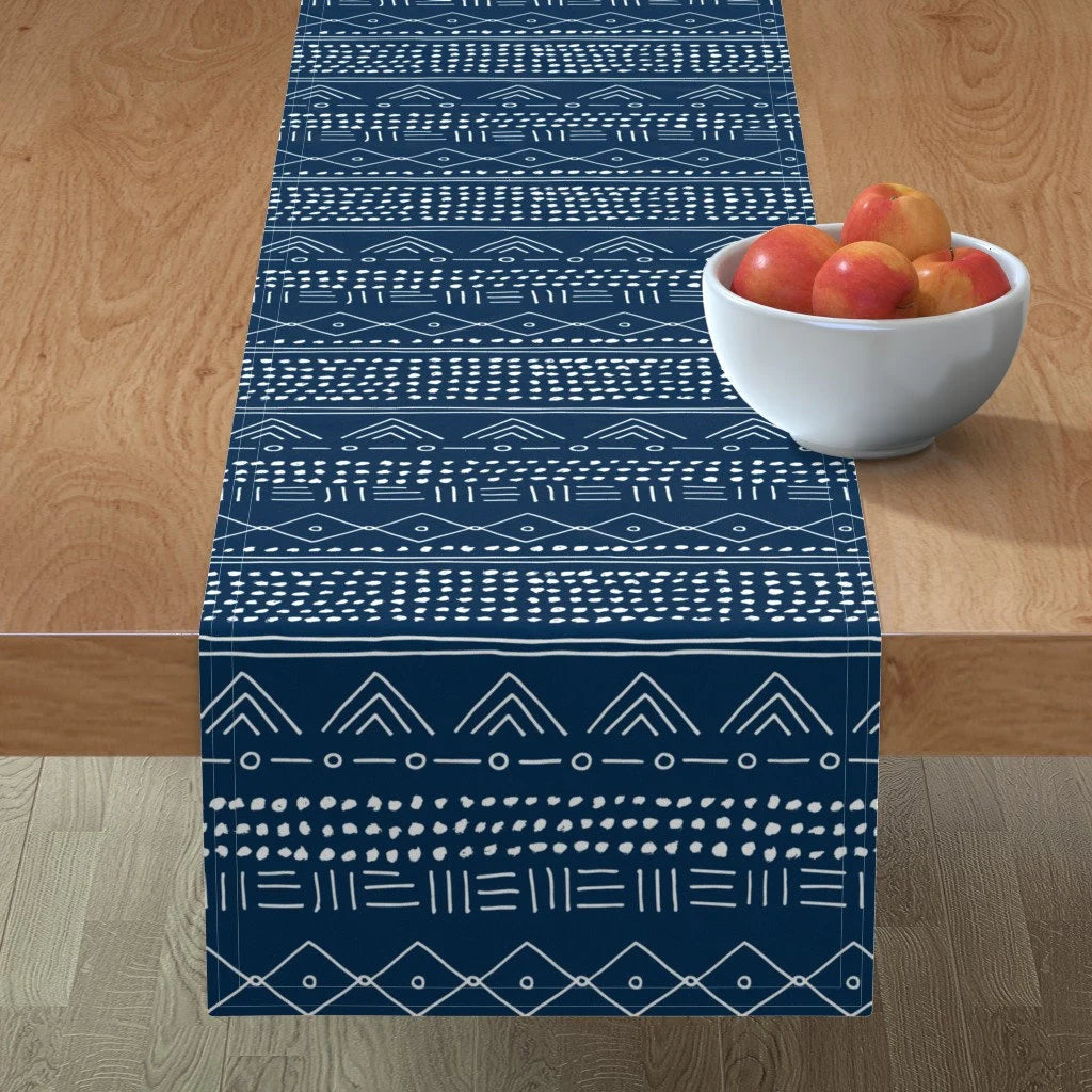 Blue and White Aztec Table Runner in Luxe Cotton Sateen