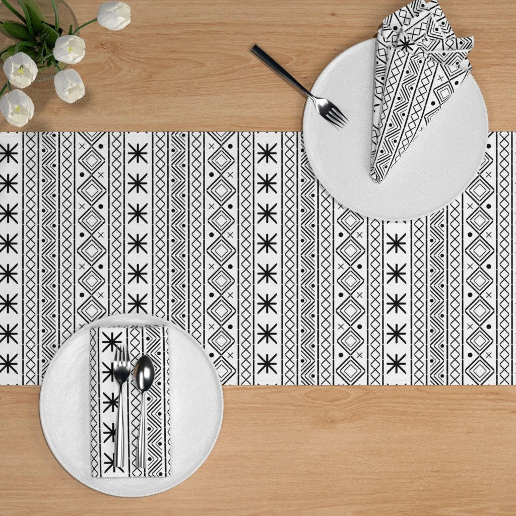 Black and White Aztec Table Runner in Luxe Cotton Sateen