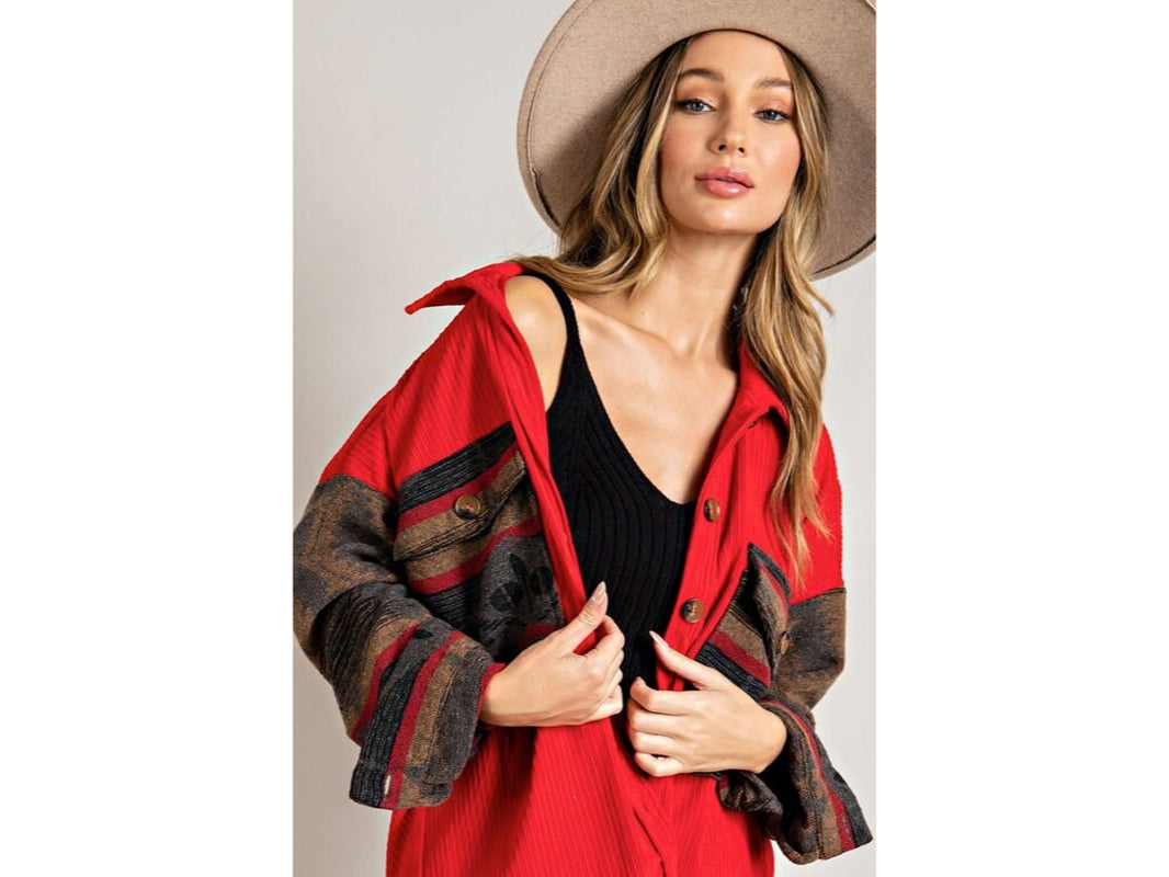 Red Corduroy Aztec Tribal Western Printed Women's Shacket for Casual Fall/Winter Look