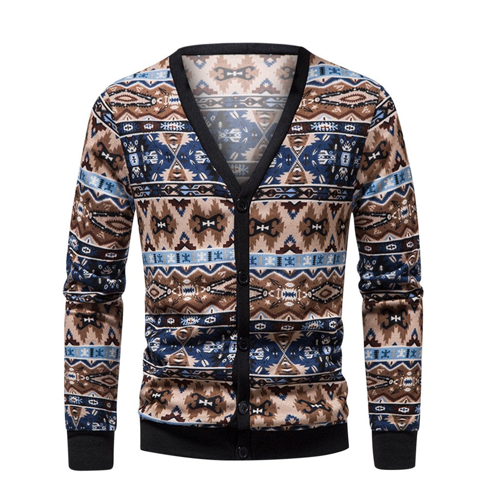Aztec Men's Print V-Neck Cardigan Knit Sweater - XL