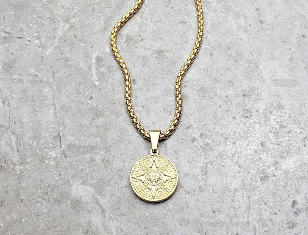 Men's Gold Stainless Steel Aztec Calendar Pendant Necklace