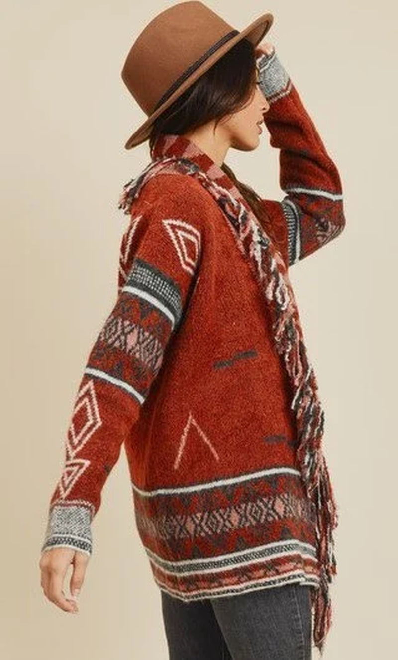 Cozy Aztec Fringe Detail Knit Long Cardigan Sweater