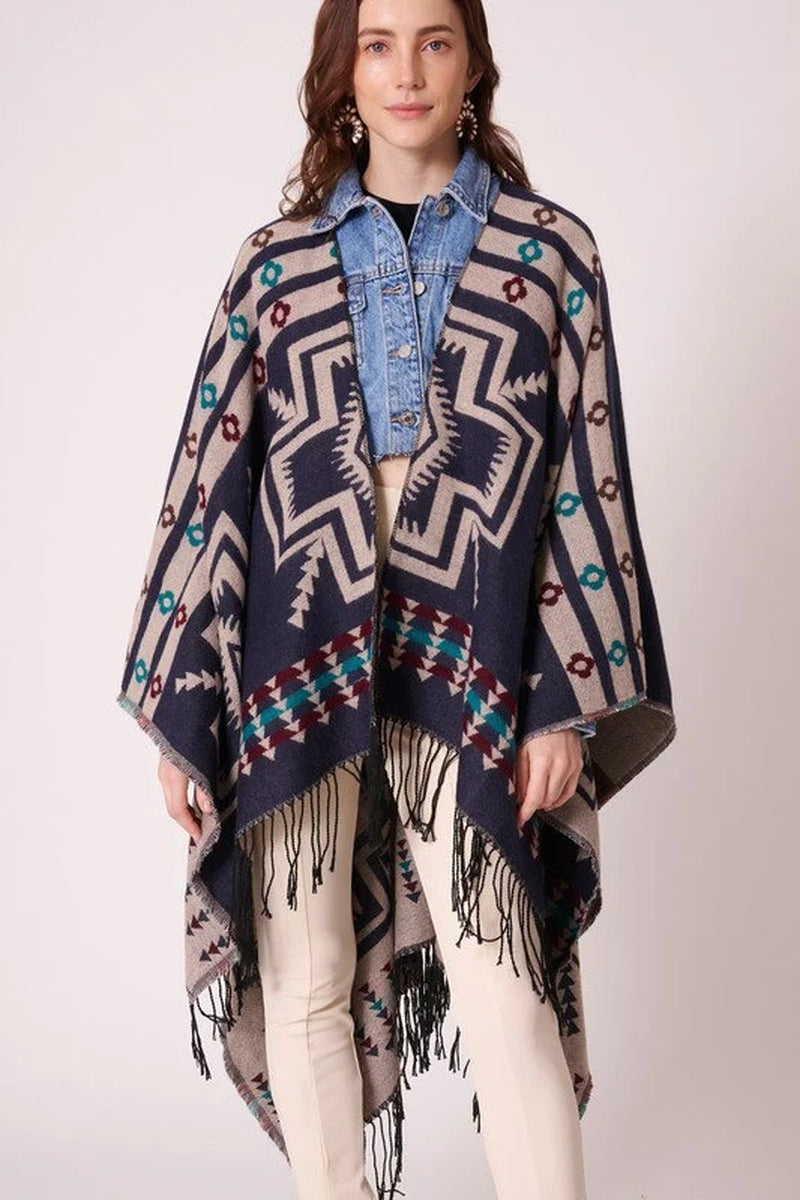 Vintage Western Inspired Fringed Aztec Pattern Poncho Wrap Shawl