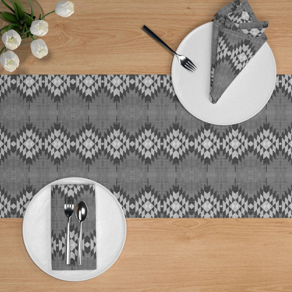 Grey Aztec Table Runner in Luxe Cotton Sateen
