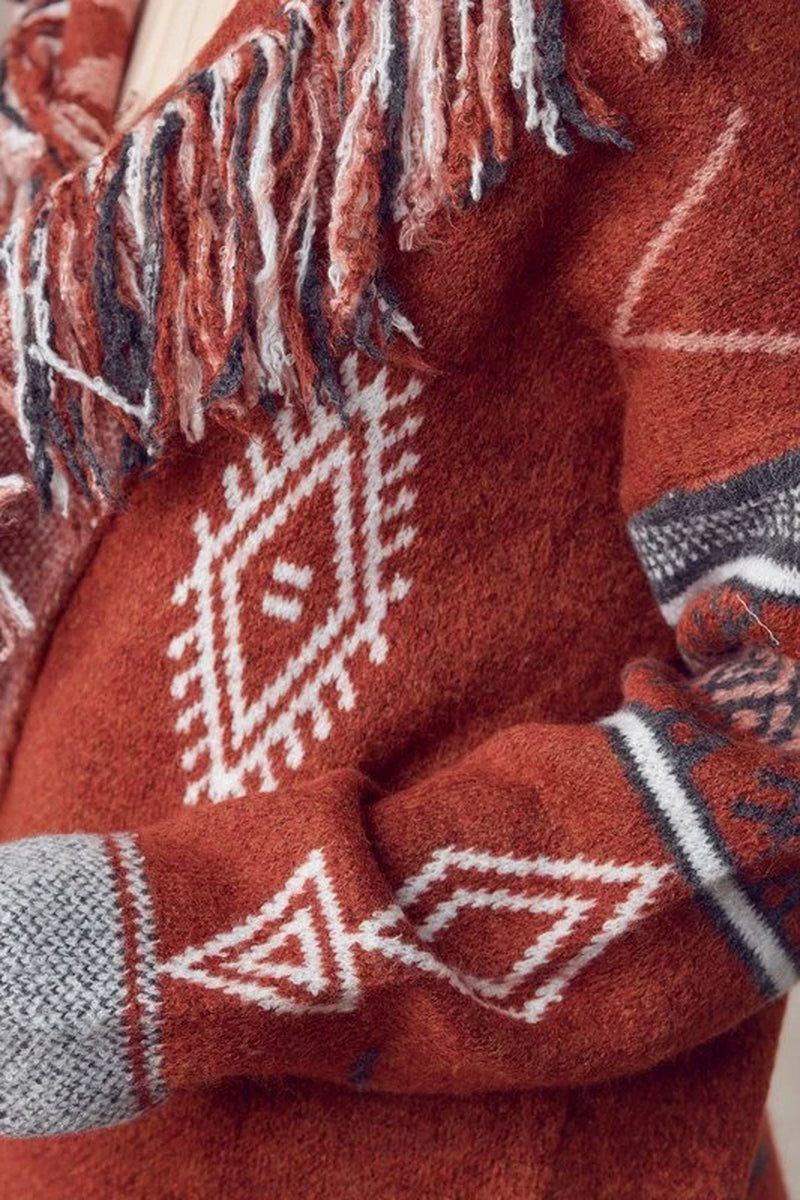 Cozy Aztec Fringe Detail Knit Long Cardigan Sweater