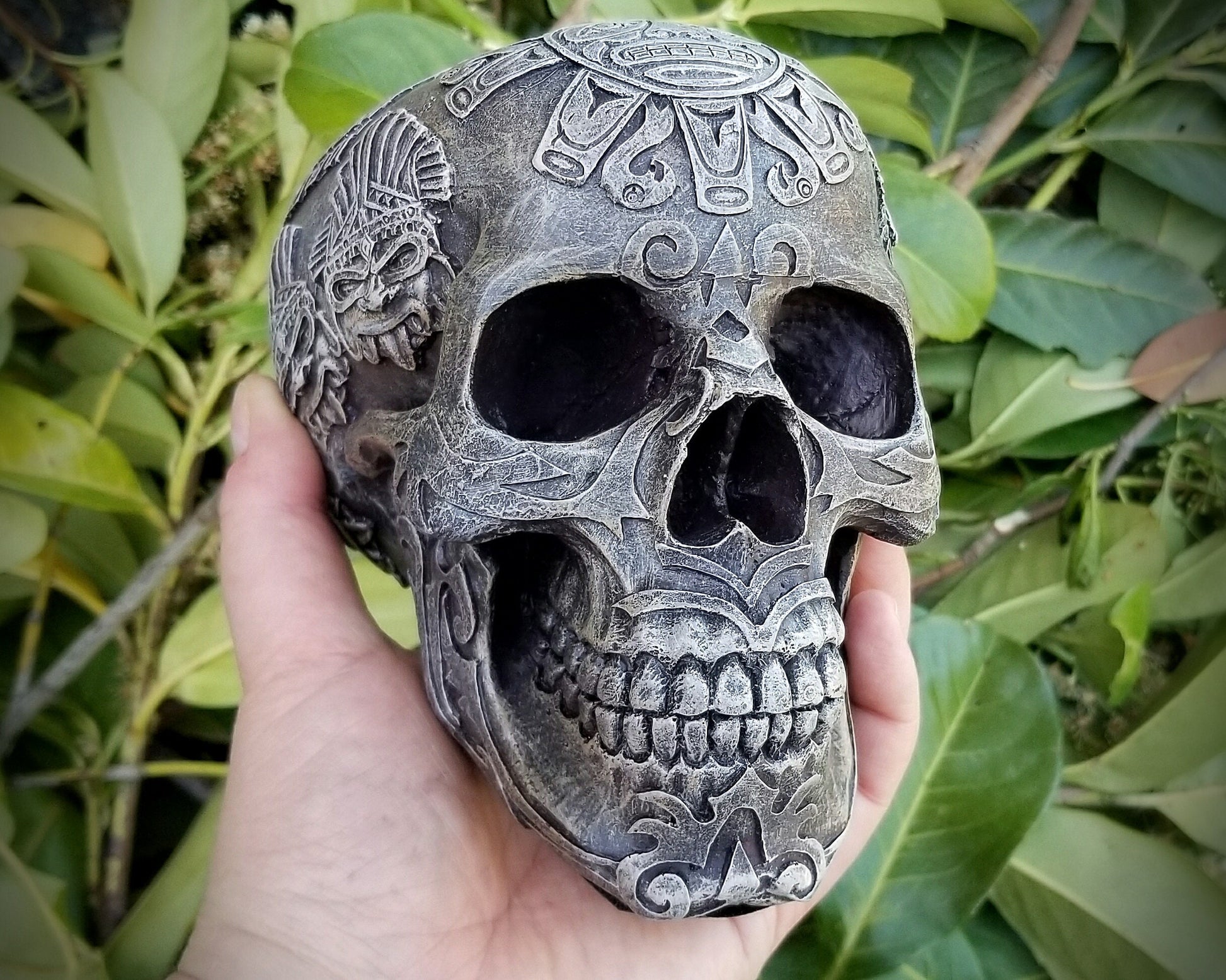Aztec Decor Skull | Carved Human Skull Statue