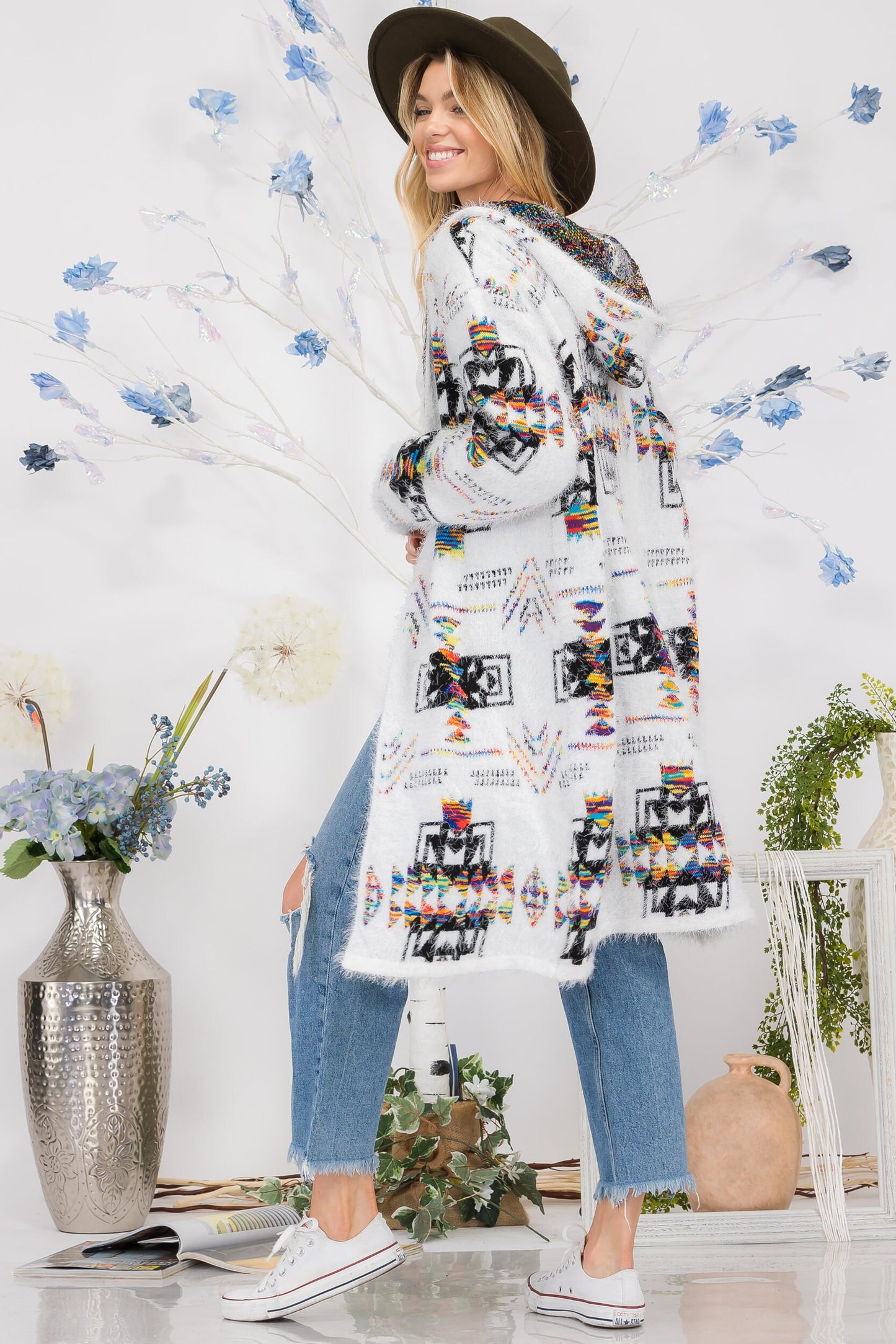 Women's Aztec Rainbow Knit Long Sweater Cardigan - Fuzzy Eyelash Hooded Open Cardigan (S-XL)