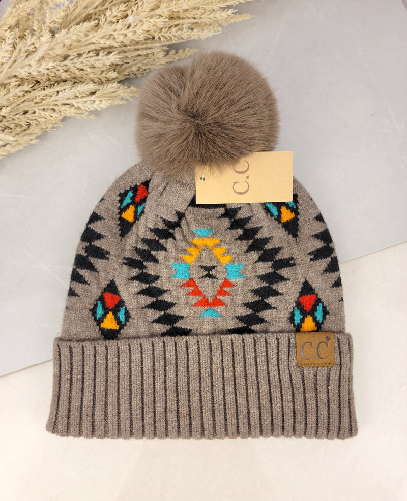 Aztec Faux Fur Pom C.C Beanie Hat