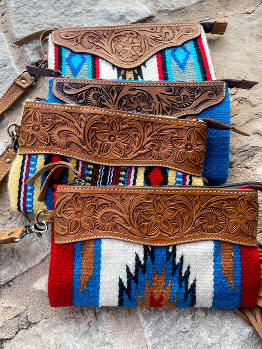 Aztec Tooled Leather Wristlet bag