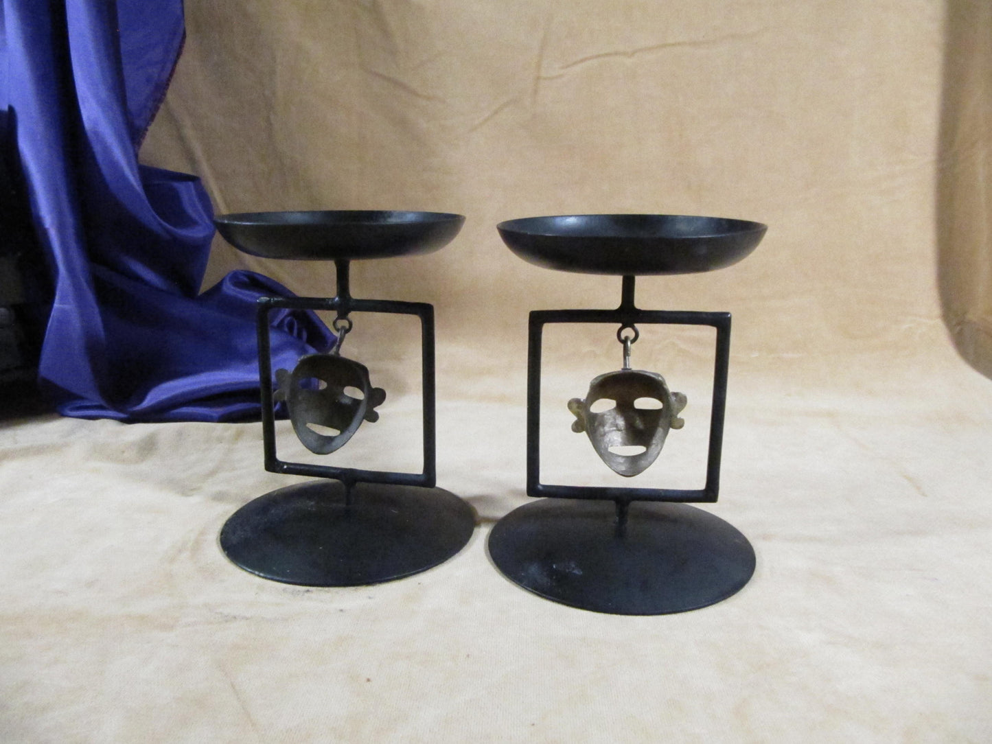 Ancient Aztec Candle Stand Pair | Aztec Warrior Teotihuacan Mask Candle stand