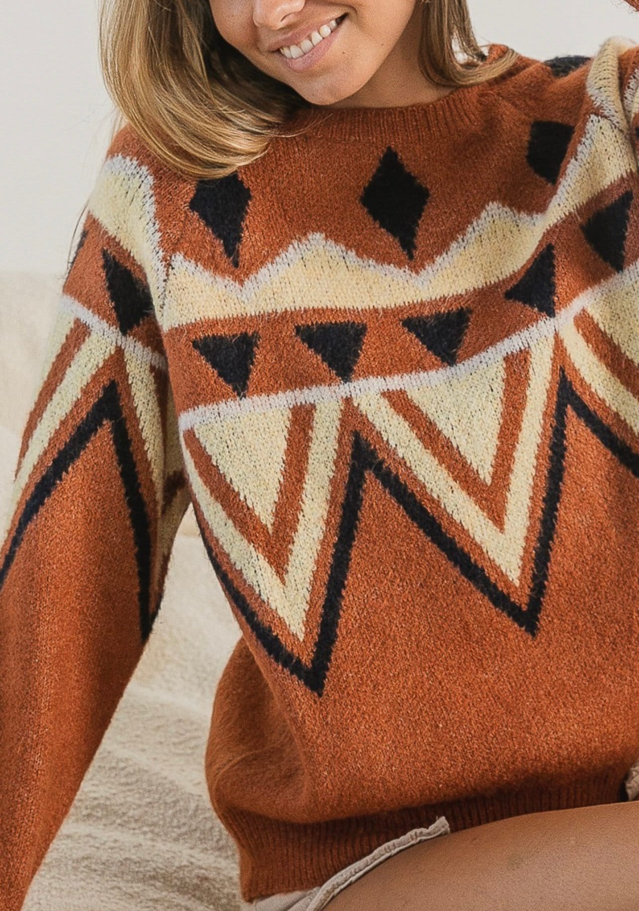 Women'S Aztec Vintage Crew Neck Pullover Sweater